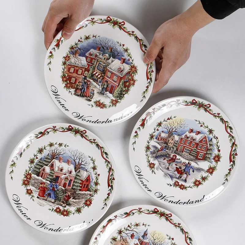 Christmas European Style Ceramic Flat Plate Creative Christmas Round 86 Inch Dining Plate Y251113