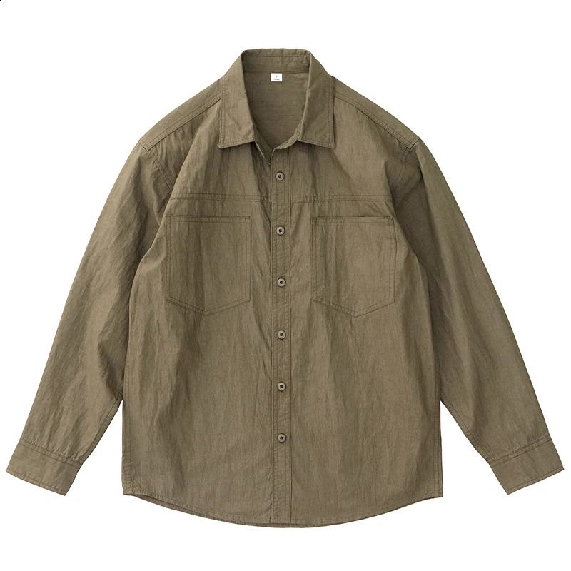 Spring 2025 Japanese Retro Long Sleeve Collar Cargo Shirt Mens Yama Style Oil Wax Old Double Pocket Casual Loose Top 250411