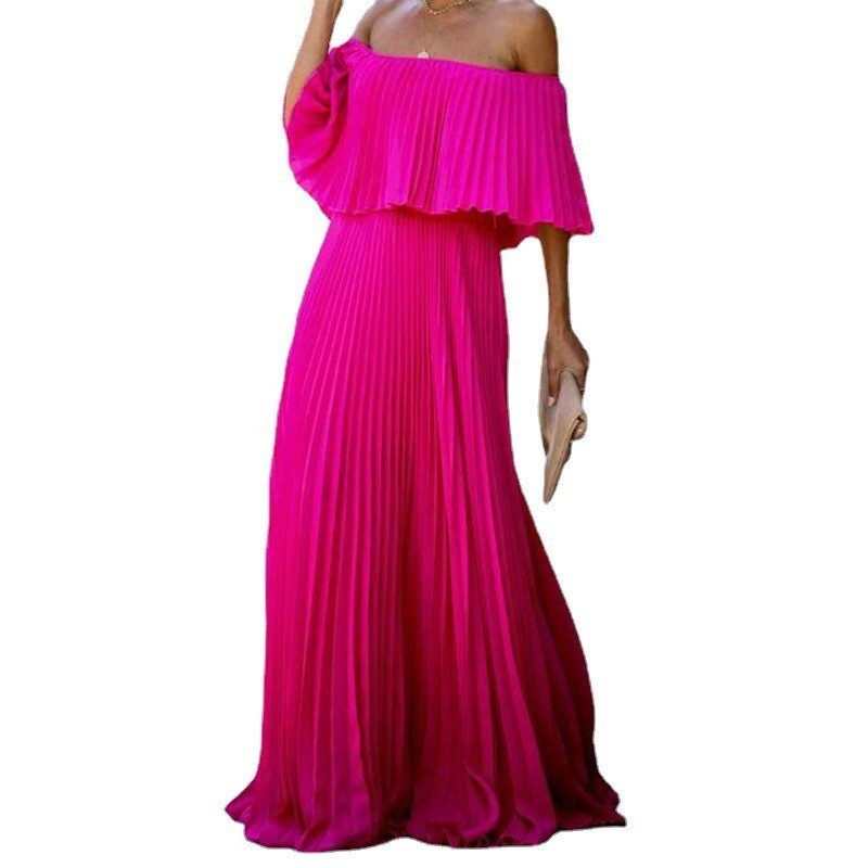 2025 New Womens Long Skirt Sexy Off Shoulder One Shoulder Pleated Chiffon Evening Dress