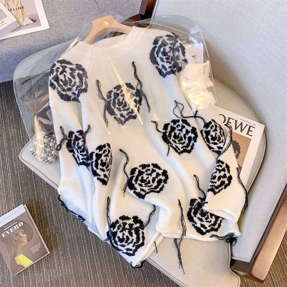 Temperament Loose Tassel Sweater Autumn Korean All-Match Knitting Pullovers Female Casual Printing Jacquard Warm Trend Top Tee