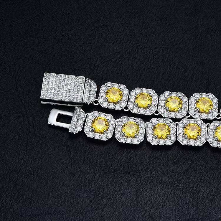 HipHop Jewelry 12mm White Halo Zircon Bracelet Fancy Square Clustered Tennis Chain with Gold Plated Brass Yellow Zircon