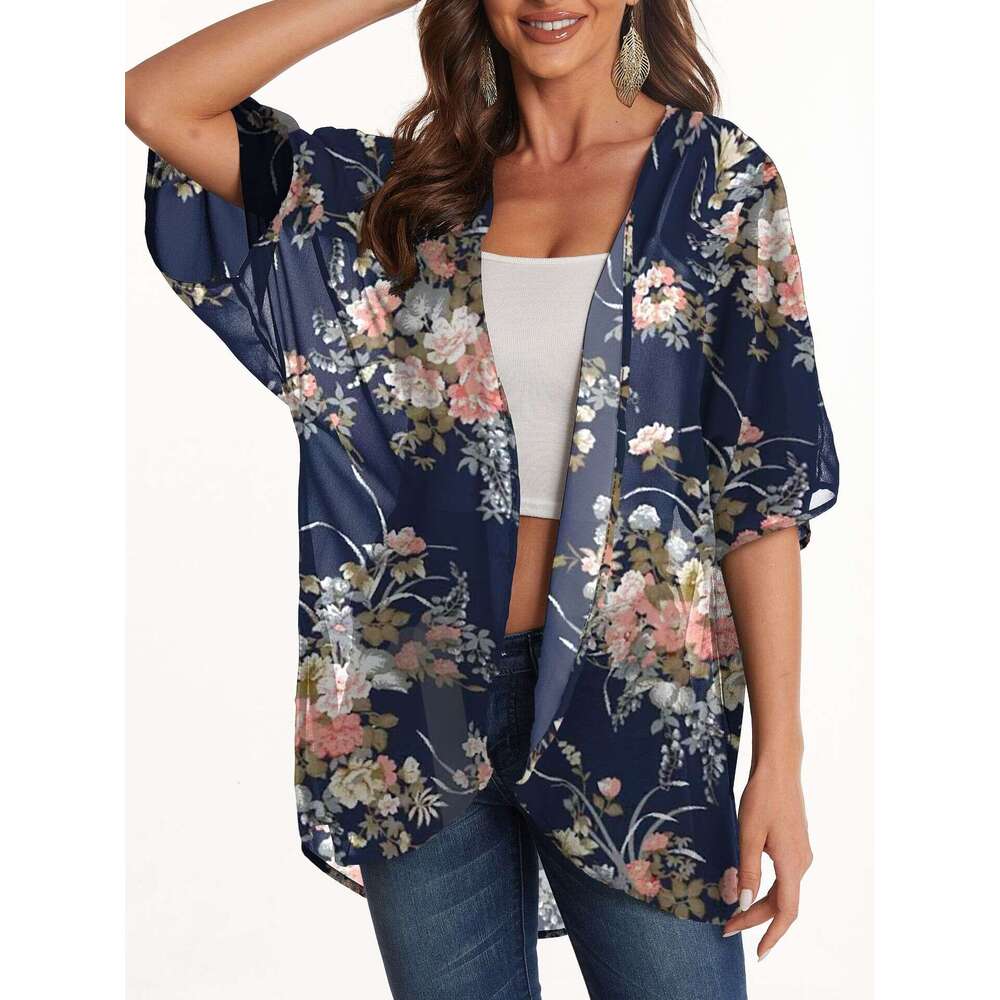Women's Sunscreen Cover Up Printed Chiffon Top And Kimono Cardigan