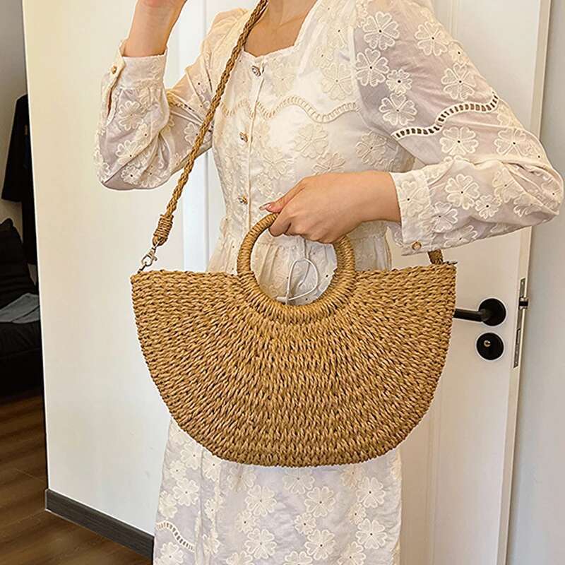 Handmade Beach Bag Women New Straw Handbags Woman Handmade Woven Basket Rattan For Femme Simple All-Match Handbag Kq1