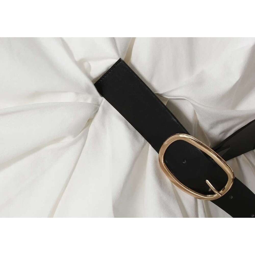 Spring New Women's Pleated Waisted Shirt With White Casual Design And Fashionable Waist Belt Mid Length Blouses Top