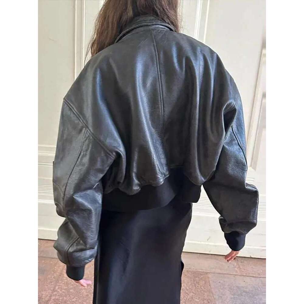 Designer Clothes Women Zipper Leather Bomber Jacket Loose Turn-Down Collar Vintage Pocket Short Outwear Long Sleeve Street Motorcycle Spring Coat