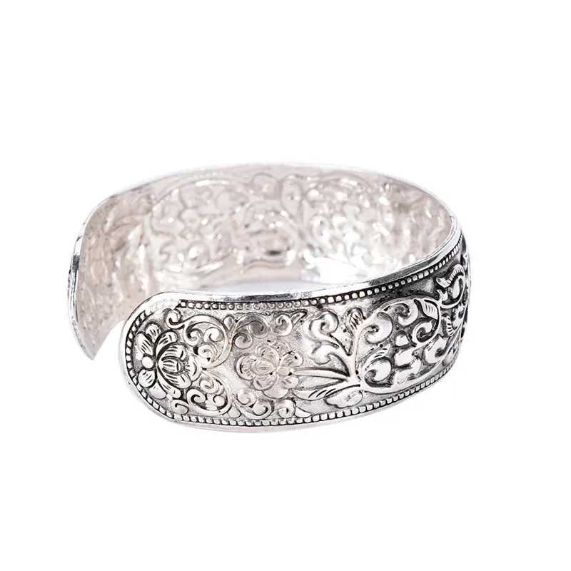New Tibetan Silver Totem Bangle Carved Lucky Flower Bangle Cuff BraceletC250411