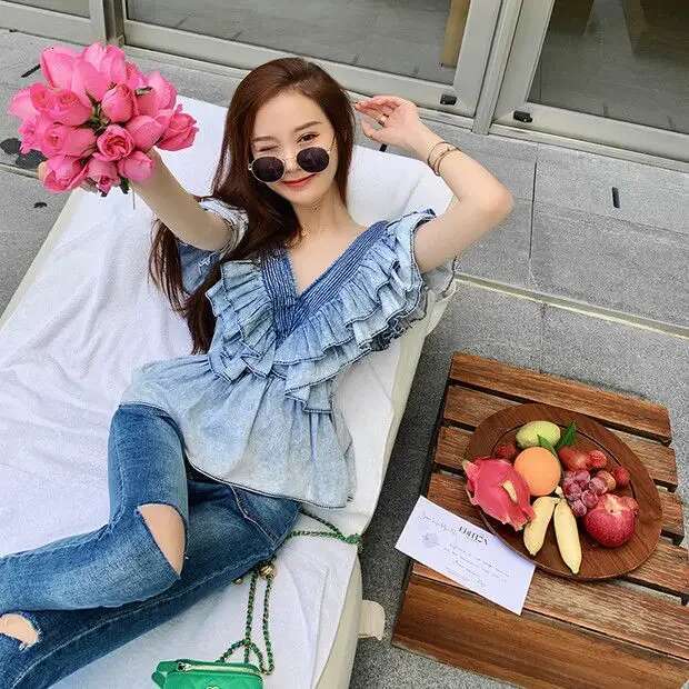Women V-Neck Ruffled Denim Sleeveless Shirts High Waist Summer Lotus Multi-Layers Pleated Blouse Folds Crop Tops Blusas Mujer