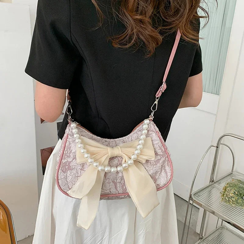 White Folding Pop Retro Bow Bag Womens Pearl Handle Fashion Armrest Shoulder Cross 1Piece Set 250401
