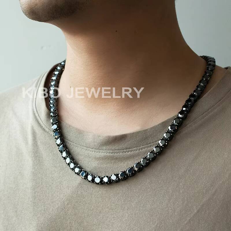 Iced Out Tennis Chain Necklace 925 Sterling Silver Diamond Black Moissanite Tennis Chain
