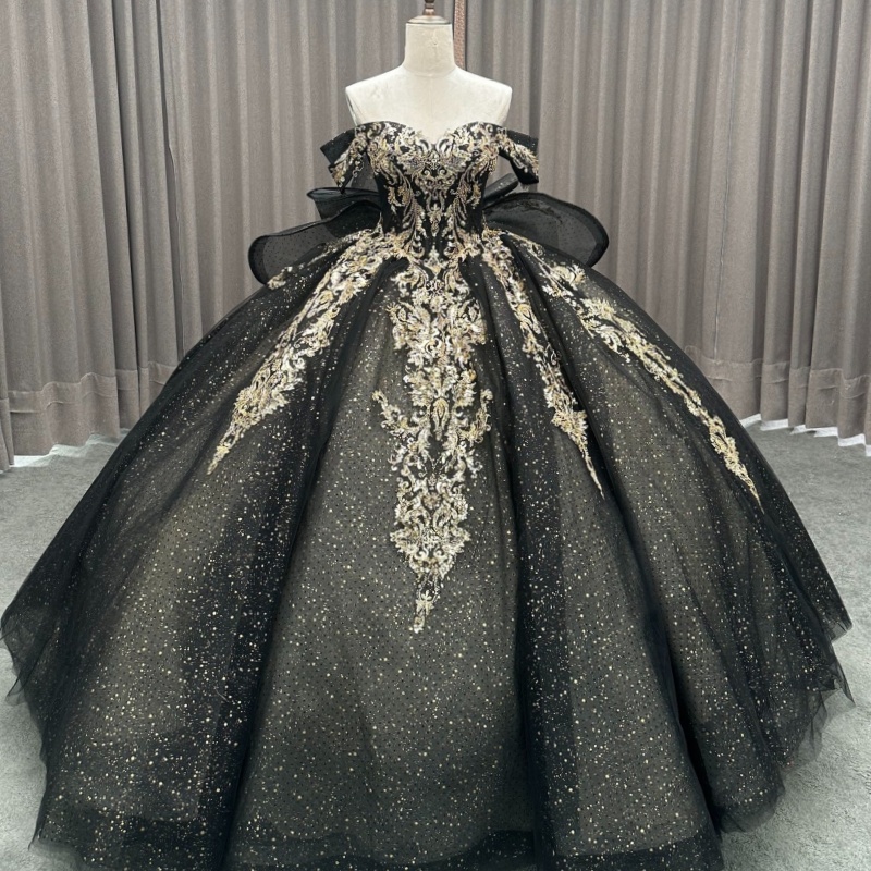 Black Shiny Princess Quinceanera Dresses Off Shoulder Applique Lace Beads Bow Tull Corset Sweet 16 Dress Ball Gown Vestidos 15 Anos