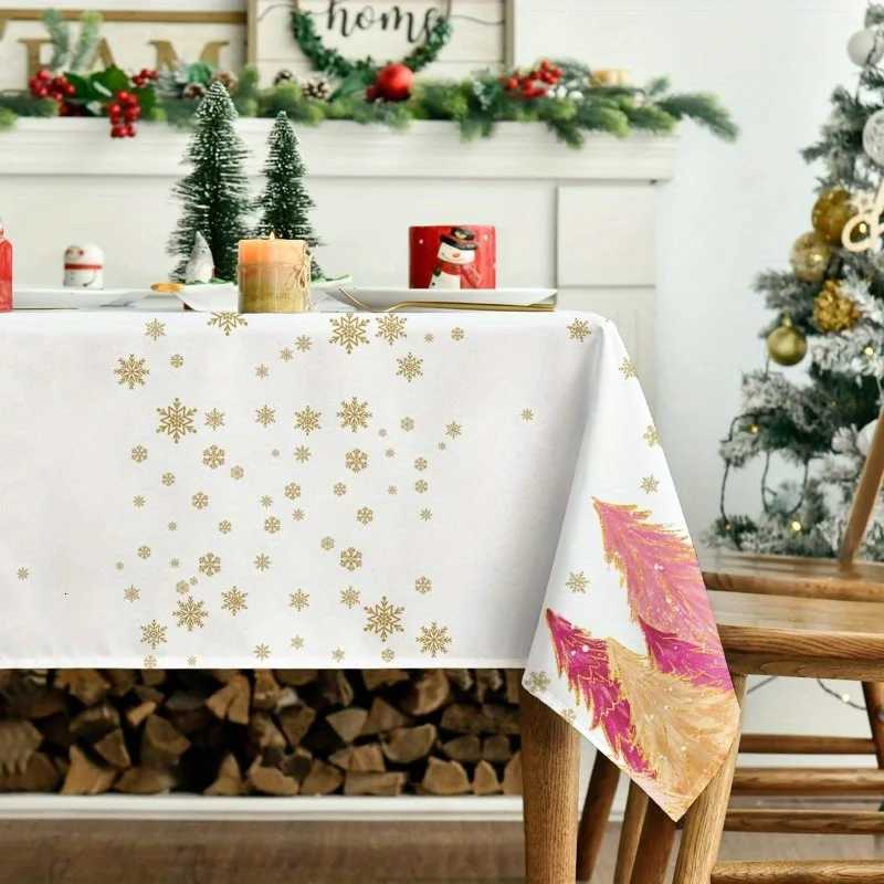 Christmas Christmas Pink Trees Golden Snowflakes Tablecloth for Table Decor Winter Xmas Kitchen Dining Table Cloth Christmas Decorations Y251113