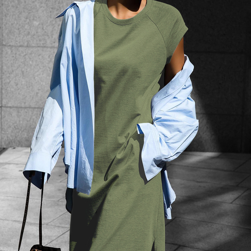 S175 Design temperament niche slim dress new elegant slit solid color short-sleeved long skirt female