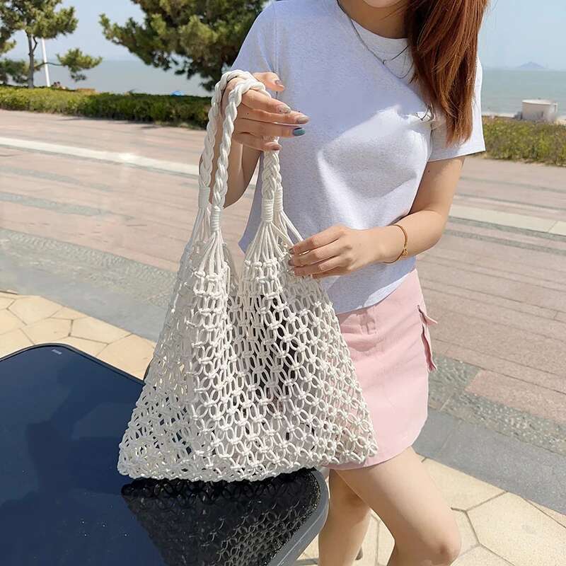 Handmade Beach Bag Women Bucket Cotton Beach Casual Hollow Out Solid Soft High-Capacity Shoulder Bag Travel Handbag Kq1