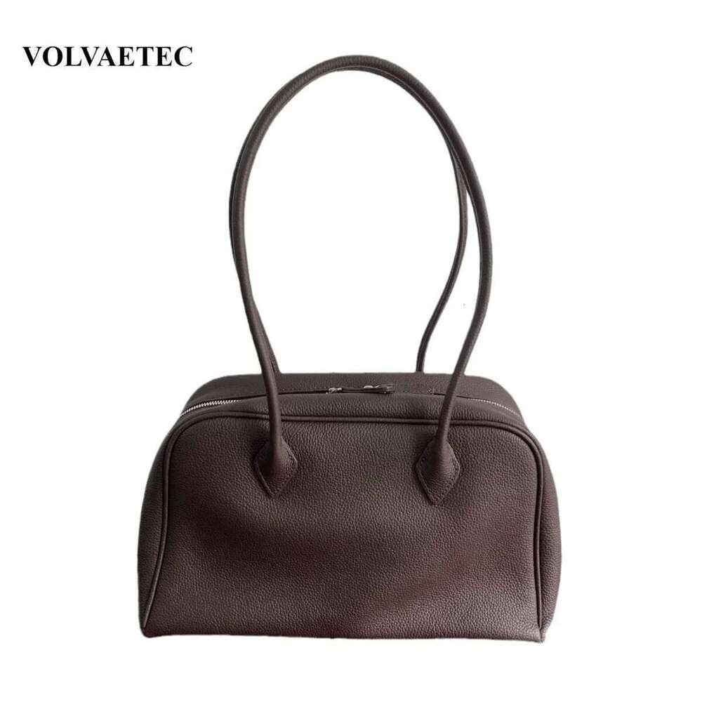 VOAETEC First Layer Cowhide Lychee Pattern Shoulder Armpit Leather Women's Simple Boston Bowg Pillow Bag Women