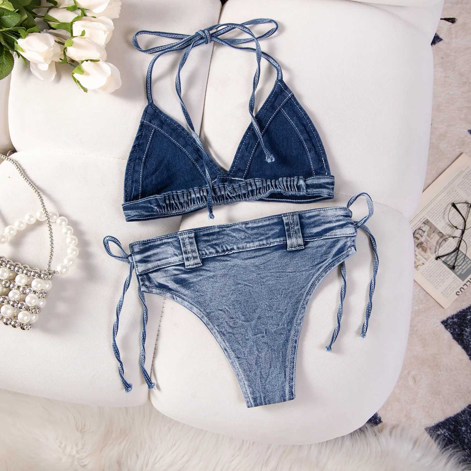 New Sexy Womens Denim Bikini Set Beach Split Swimsuit with Jeans Shorts and Bra for Beach Play and Bar Nightclub PerformanceW251113