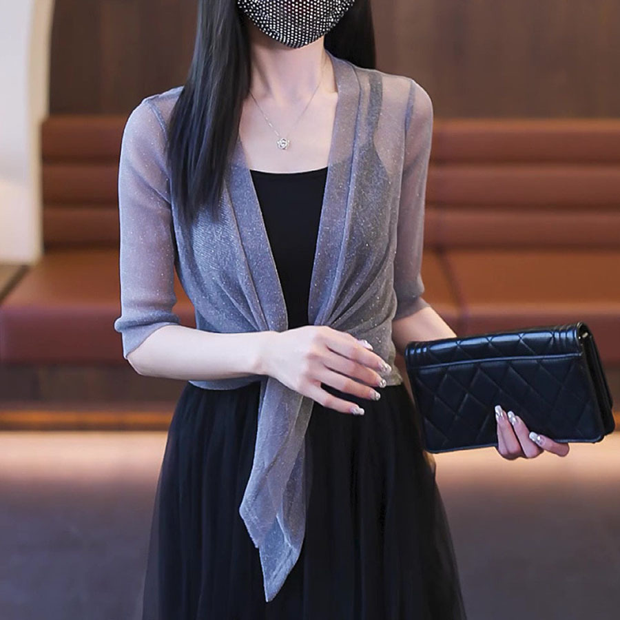 K383 Summer gold and silver silk outer mesh small shawl women's cardigan large size lace with waistcoat sun protection cape air conditioning shir