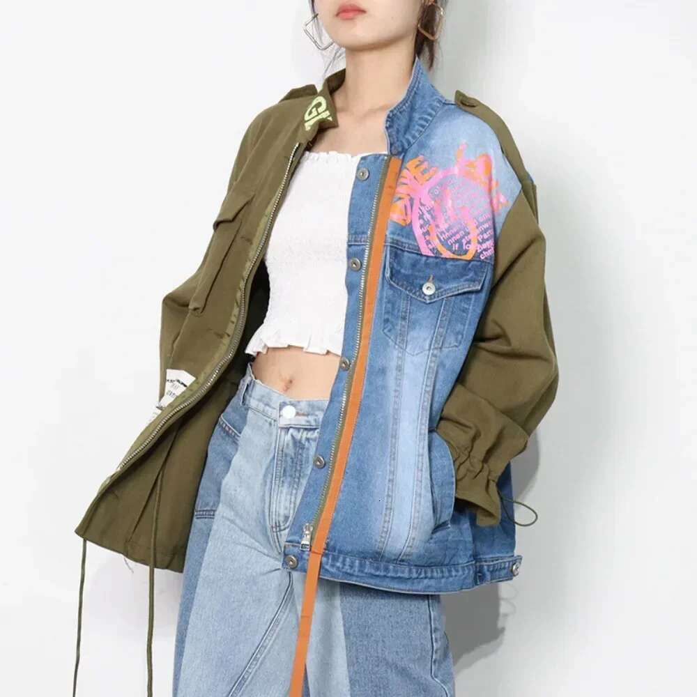 2024 New Women Spring Jacket Long Sleeve Fake Two Piece Denim Coat Autumn High Quality Lapel Patchwork Vintage