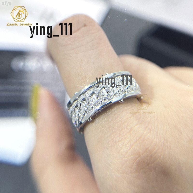 Factory Price White Gold Plated 925 Sterling Silver Vvs Moissanite Diamond 8mm Cuban Link Chain Band Ring for Men