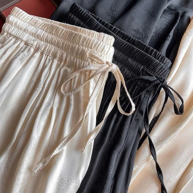Acetate satin wide leg pants for women in summer silk casual sun protection chiffon floral Chinese style ethnic style pants 250410