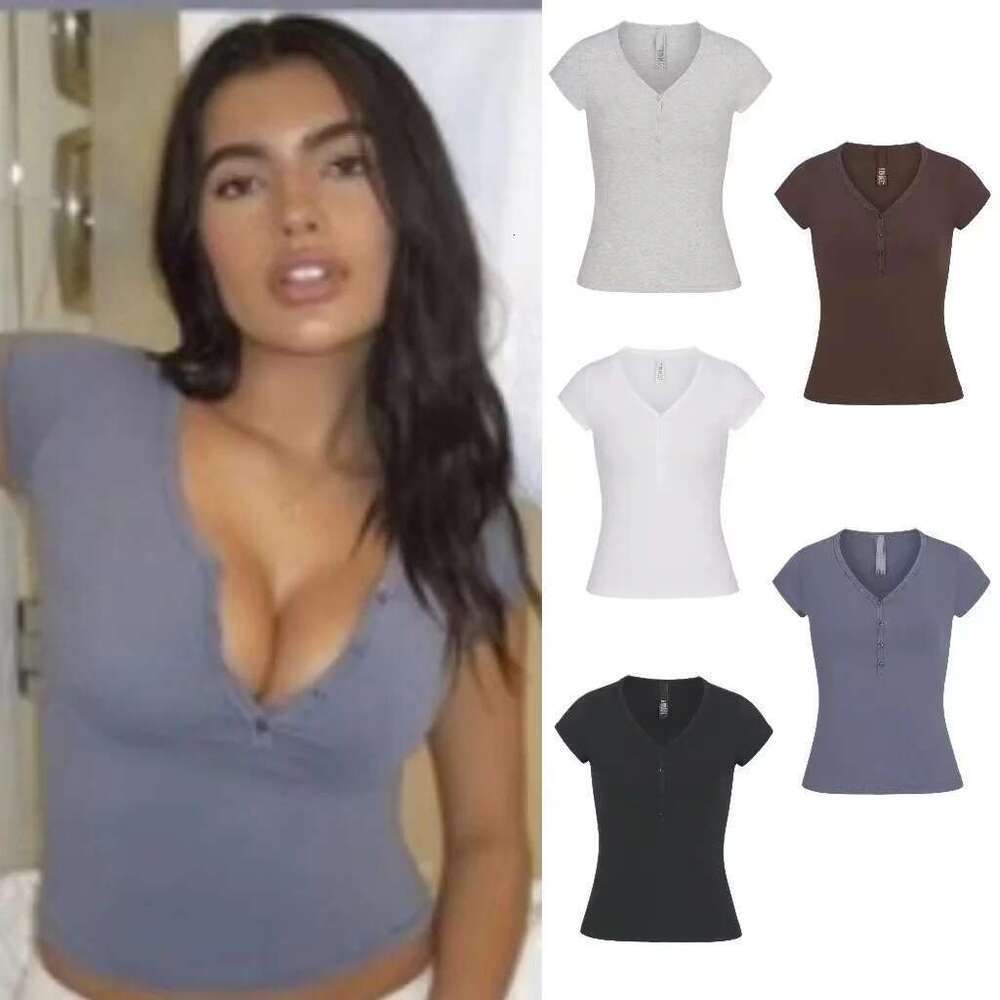 Women's Wear Kim Summer Short-Sleeved T-Shirt Pure Cotton Bottoming Shirt Button V-Neck Top