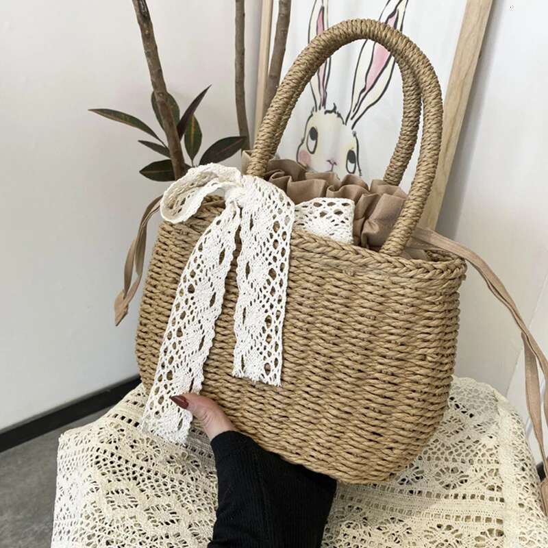 Handmade Beach Bag Women Straw Woven Drawstring Handbag Girls Solid Color Holiday Purse Crossbody Beach Bags Summer Rattan Tote Kq1