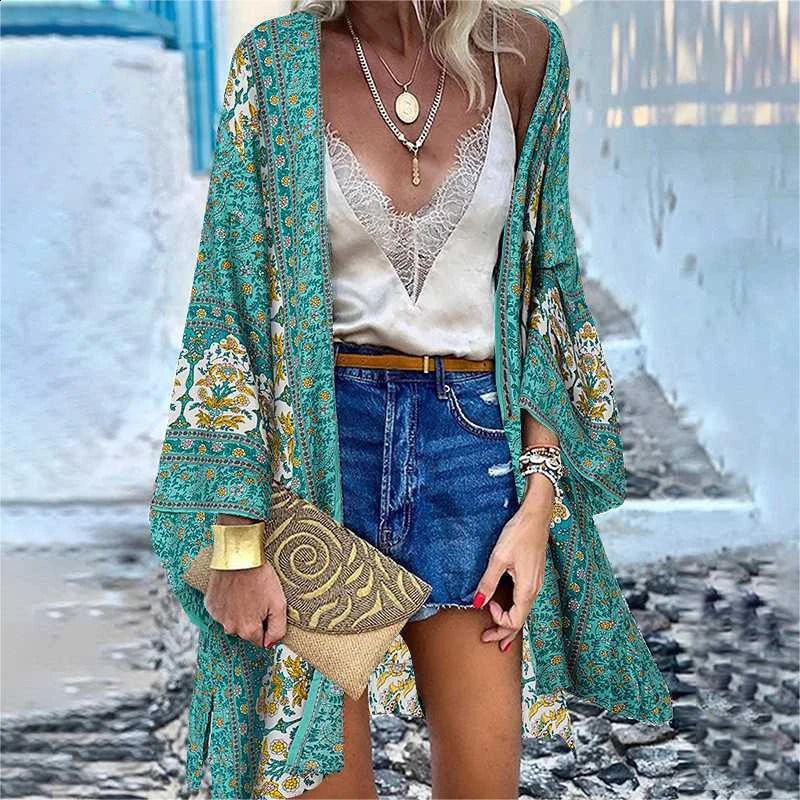 Bohemia Kimono Cardigan Coat for Women Summer Casual Holiday Printed Long-sleeved Loose Jacket Ladies Shawl Bikini Cover Up Top 250409