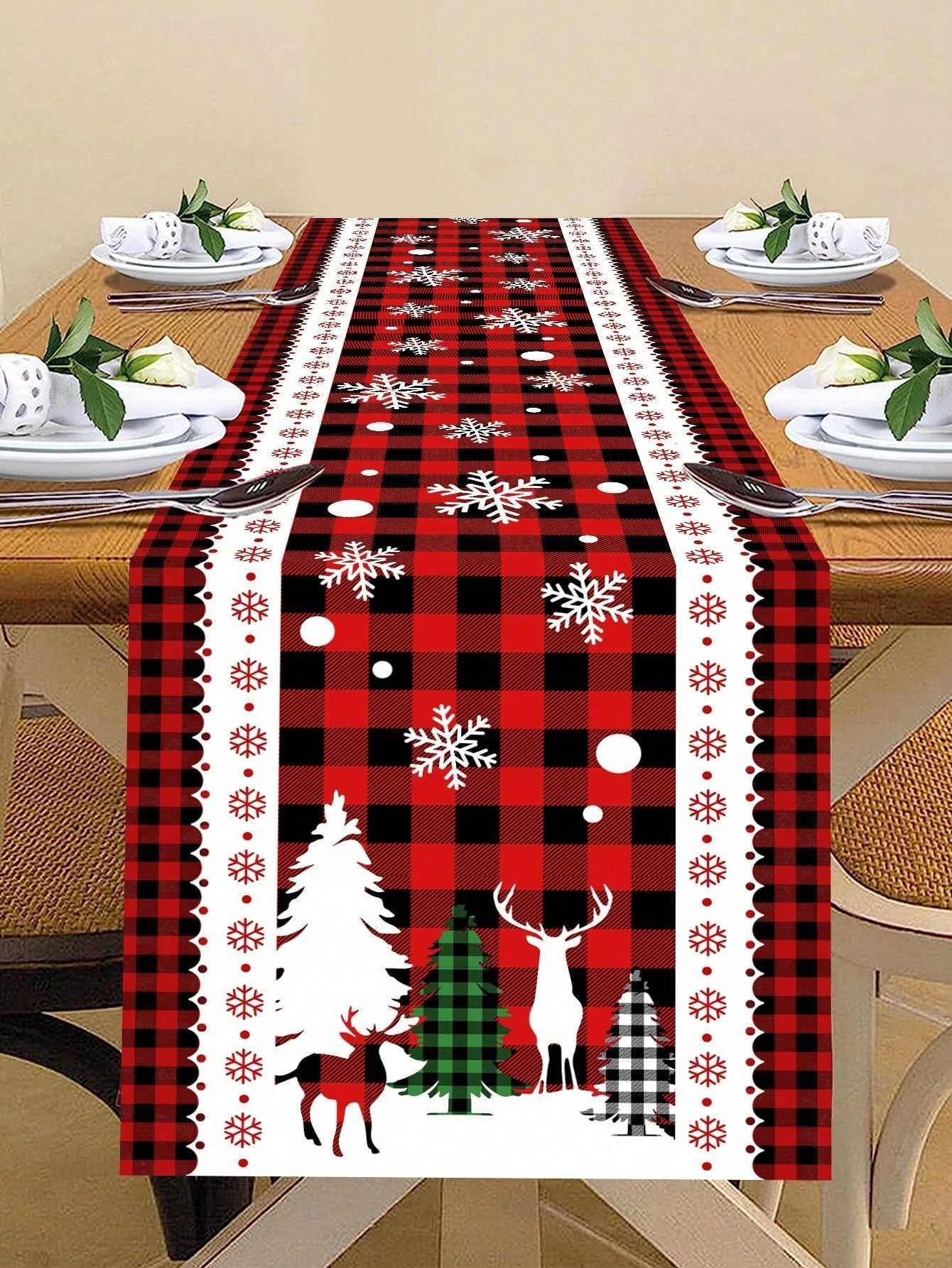 Christmas JIT Plaid Christmas Table Runner Snowflake Deer Patterned for Holiday Dining Table Decoration Warm Festive Home Decor Quality Y251113