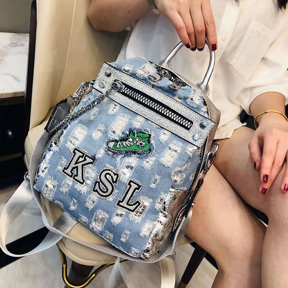 Backpack denim sequin for women new Japanese and Korean trendy letter chain backpack fashion crossbody bag