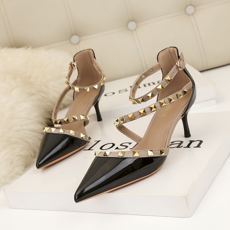 Designer Simple Sexy Stiletto High Heels Shallow Mouth Pointed Toe Rivet Hollow Strap Sandals - view 9
