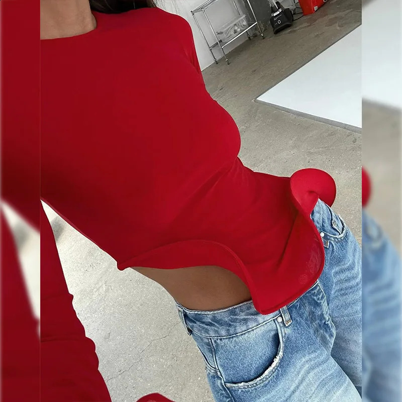 Sping Autumn Womens Elegant Sparkling Sleeves Ruffle Red Tshirt Oneck Irregular Solid Kassar Crop Top 250407