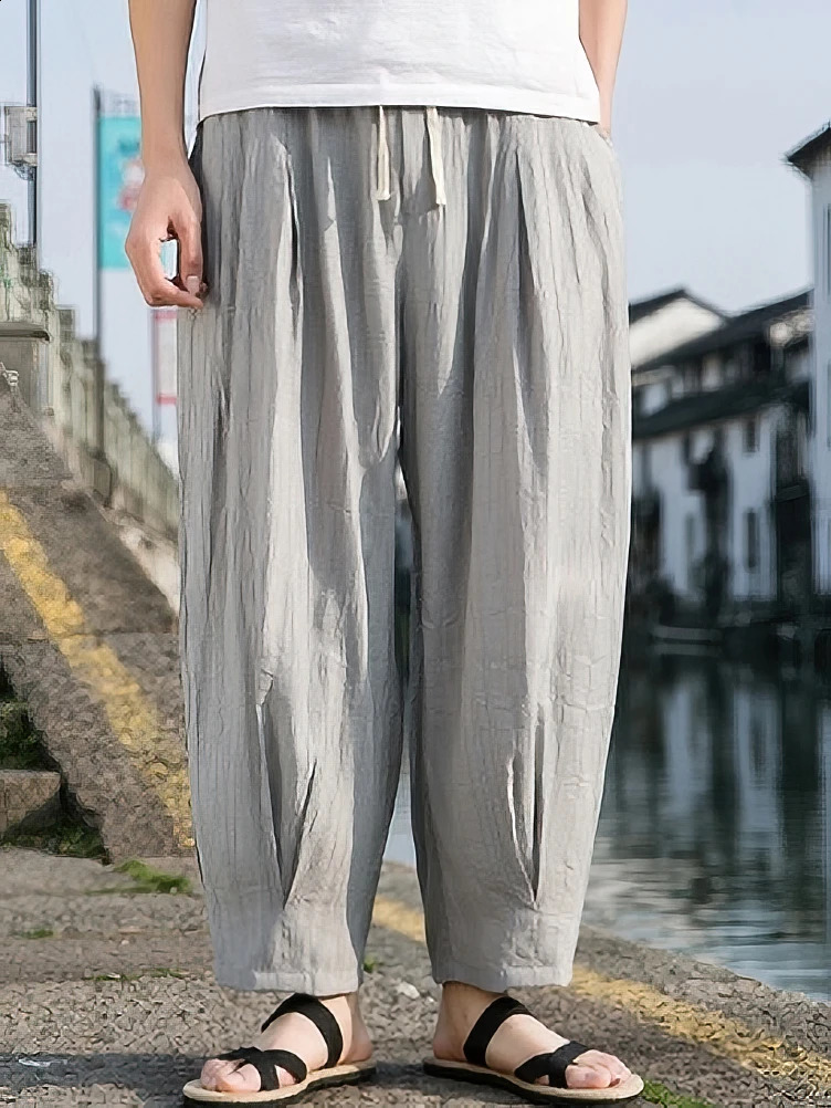 Ice silk casual linen pants mens oversized Chinese summer wide leg pocket sports pants mens outdoor sports harem Trouser 250410