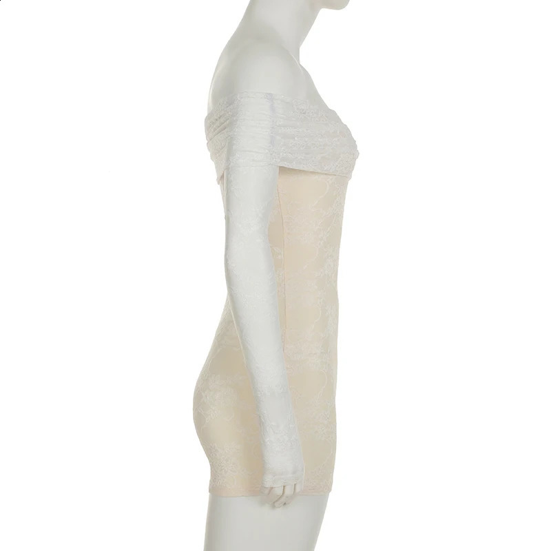 Succute Shoulder Patch Work Sexy Lace Playsuits See Through Long Sleeve Tight jumpsuit Y2k Partywear Short 250411