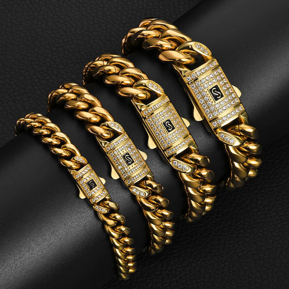 Stainless steel Bracelet Miami Cuban Plated 14K Gold CNC Mens Jewelry High Polished 814MM Chain Gift 251113