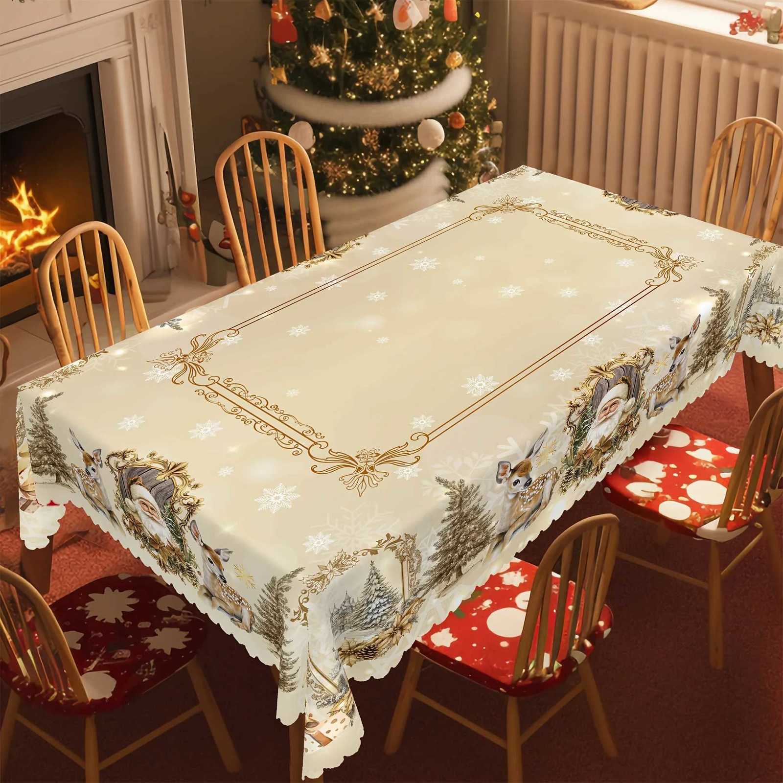 Christmas Vintage Santa Reindeer Christmas Tablecloth for Table Decor Party Decor Winter Xmas Tree Dining Table Cloth Christmas Decoration Y251113