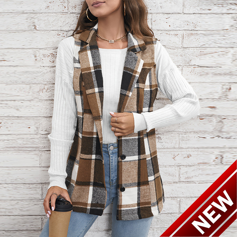 Womens coat plaid vest 2025 spring elegant style versatile sleeveless single breasted cardigan