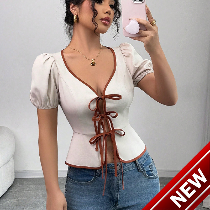 Spicy womens clothing 2025 summer new style lace up shirt slim fit polyester top