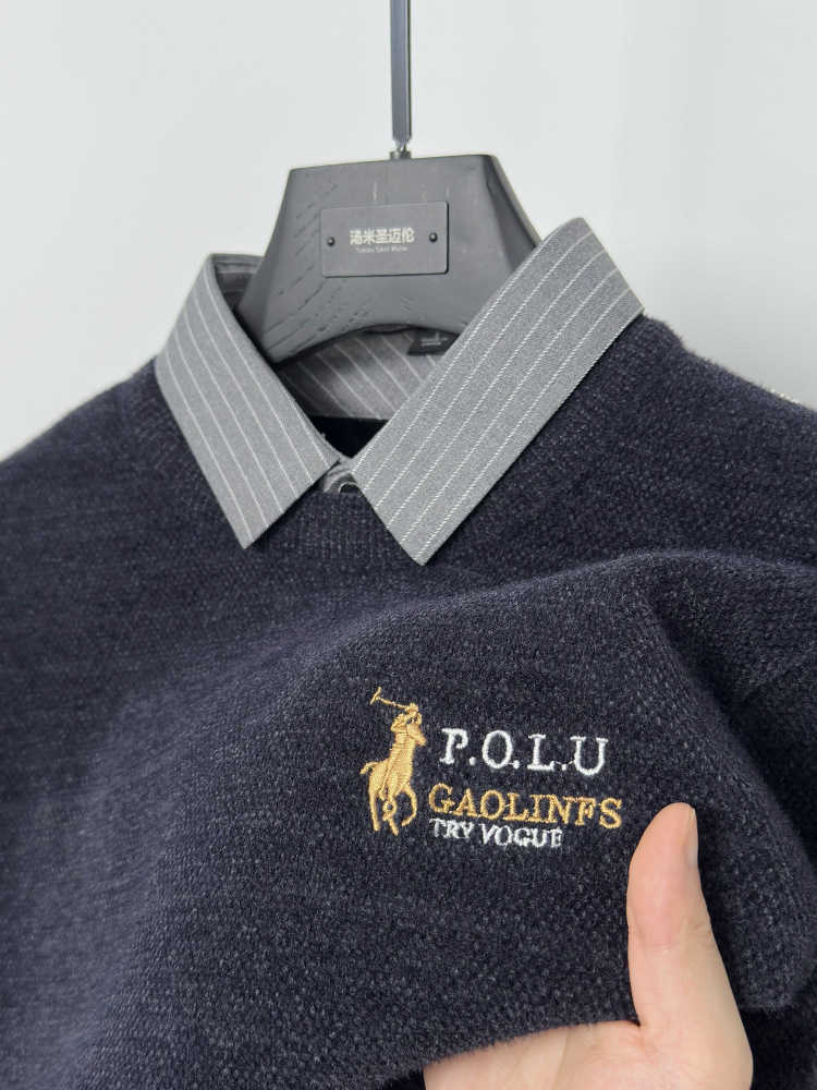 New style men's one-piece fleece-lined thickened sweater with shirt collar, false two-piece, winter warm knitted base layer. X251010