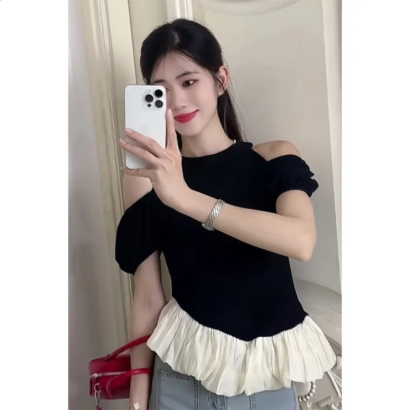 Womens summer fashion trend camisole patch work ruffled edges Oneck shoulder short sleeved womens fully matched clothing looks very thin 250407