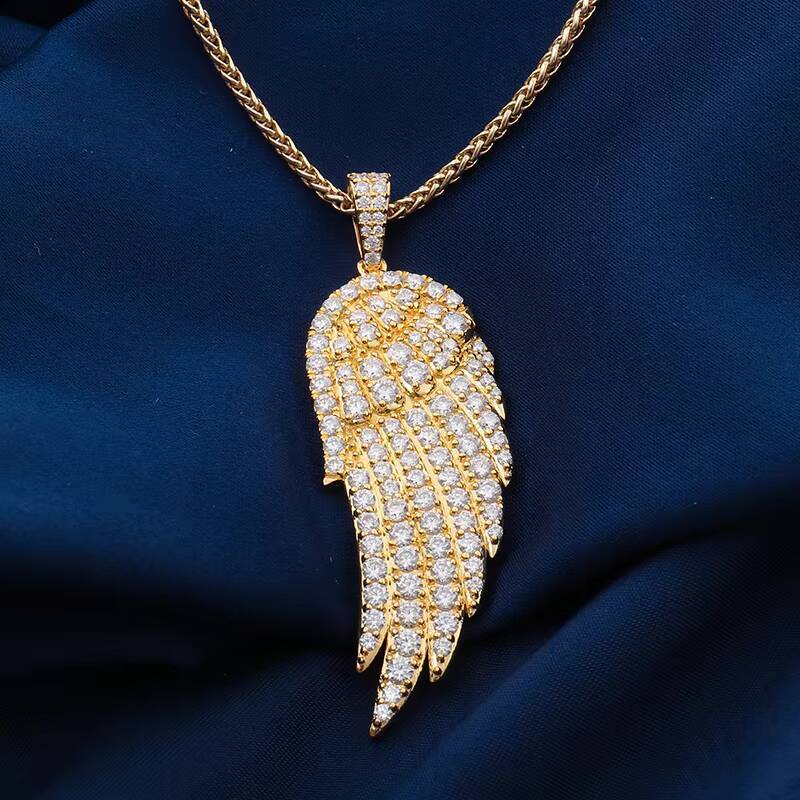 Custom 14k Yellow Gold Hip Hop Jewelry Feather Neck Pendant Round Brilliant Cut Moissanite Stone 925 Silver 10k 18k Gold Pendant