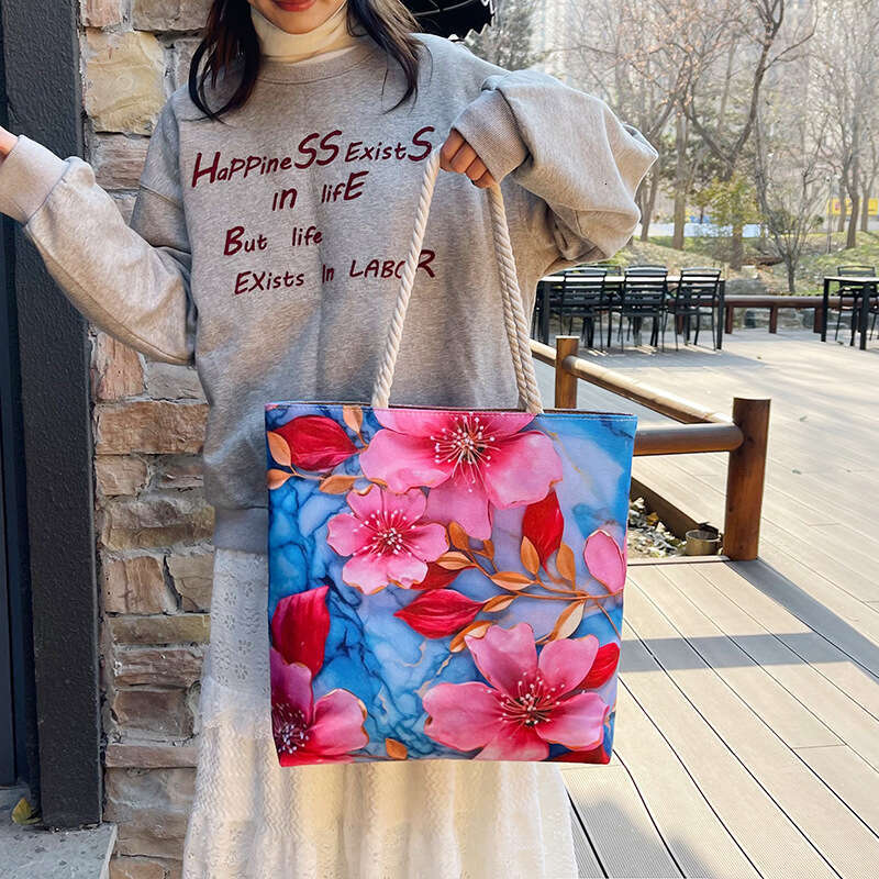 Women's double-sided embroidered canvas shoulder bag fashionable linen cotton rope simple handbag