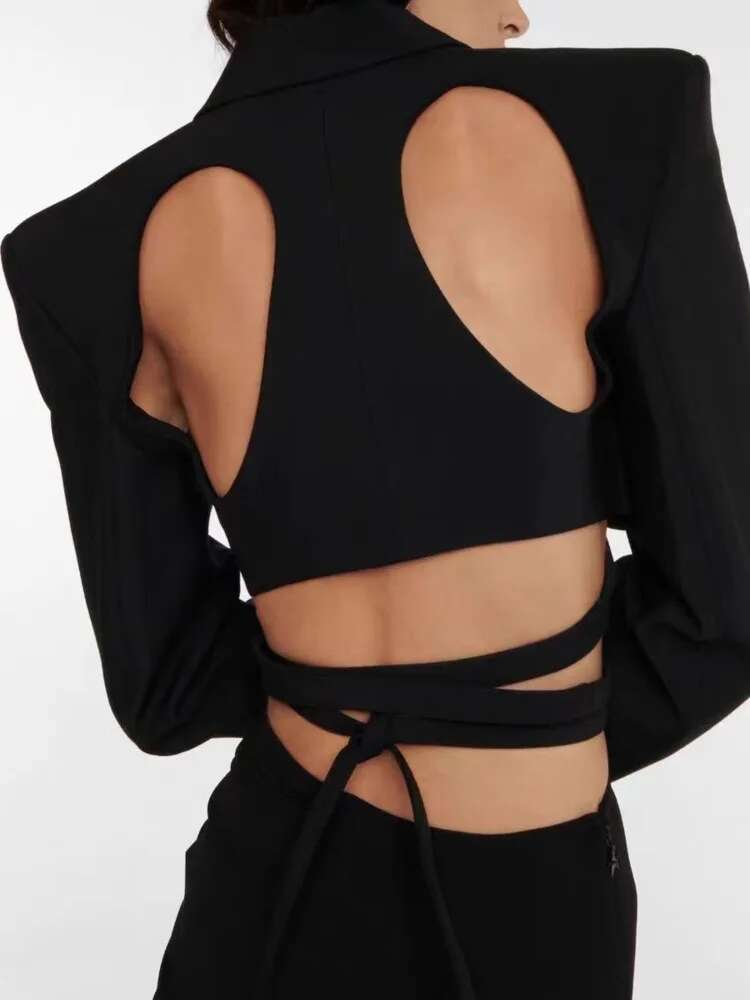 Fashion Women's Blazer Notched Coloar Slim Cut-Out Backless Bandage Waist Long Sleeve Suit Jacets Summer