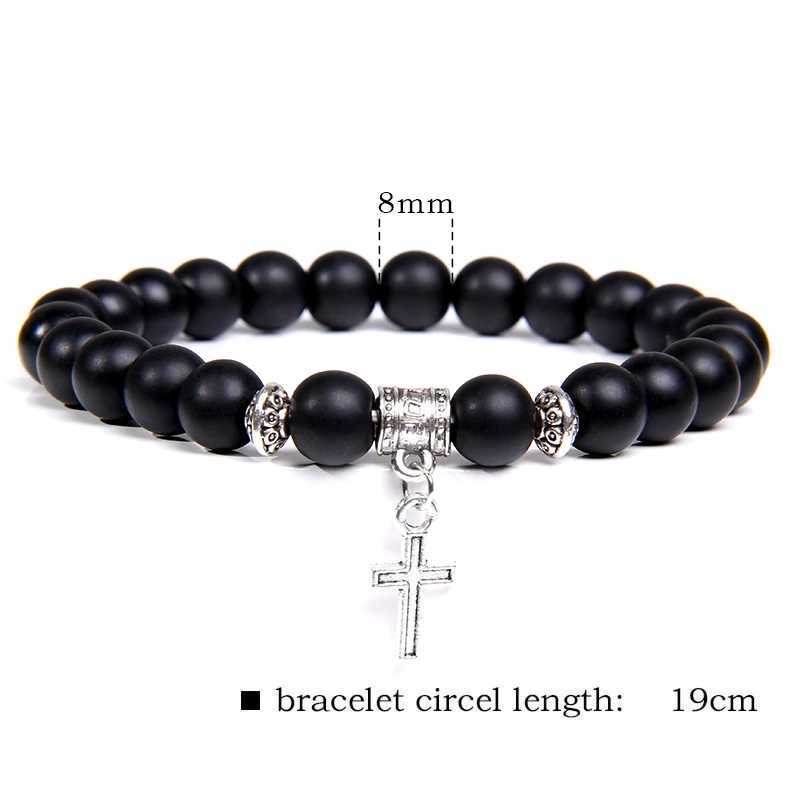 Trendy Men Beads Bracelet Slivers Color Cross Pendant Bracelet Natural Stone Bracelets Charm for Women Healing Prayer JewelryC250411