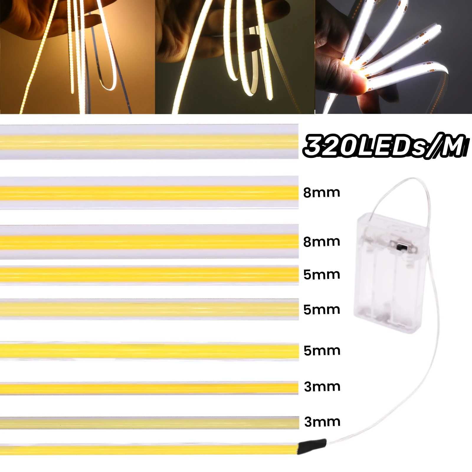 AA Battery Box 5V COB LED Strip 3MM 5MM 8MM 320LEDs/M High Density Flexible RA90 3000K 4000K 6000K FOB Tape Rope Night Lights W251112