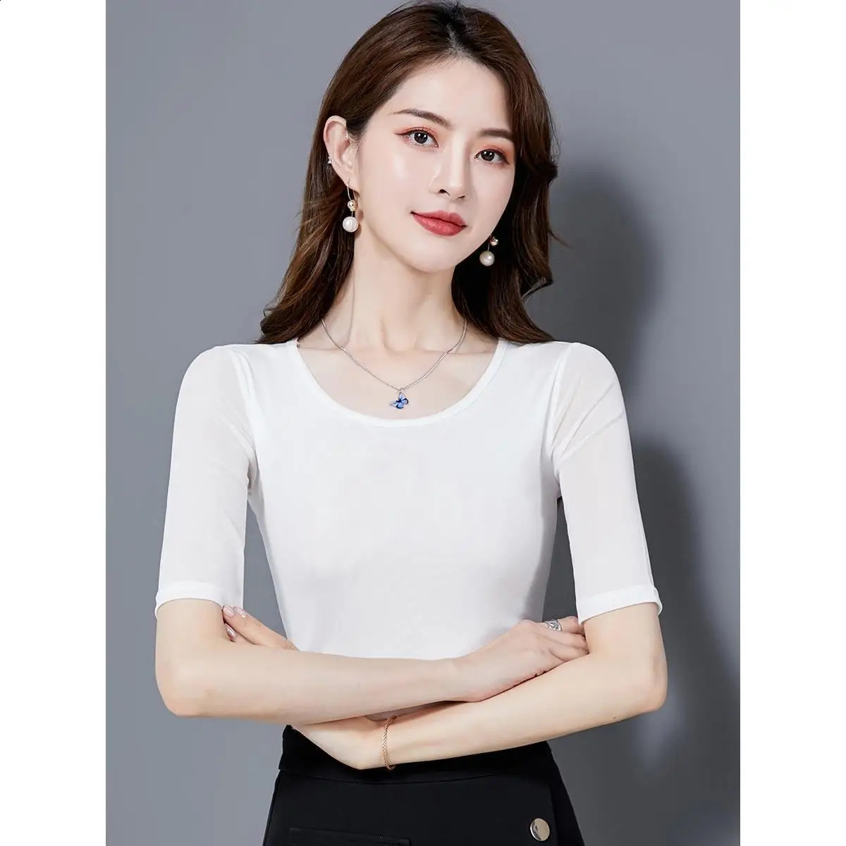 Summer Fashion Network Womens Short sleeved Tshirt Thin Gauze Dress Slim fit Small Top 250407