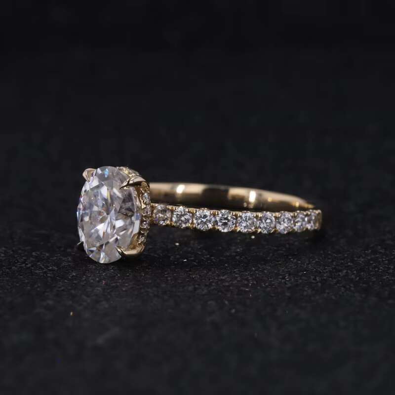 14k Yellow Gold 6*8mm Oval Moissanite and Melee Diamonds Engagement Ring