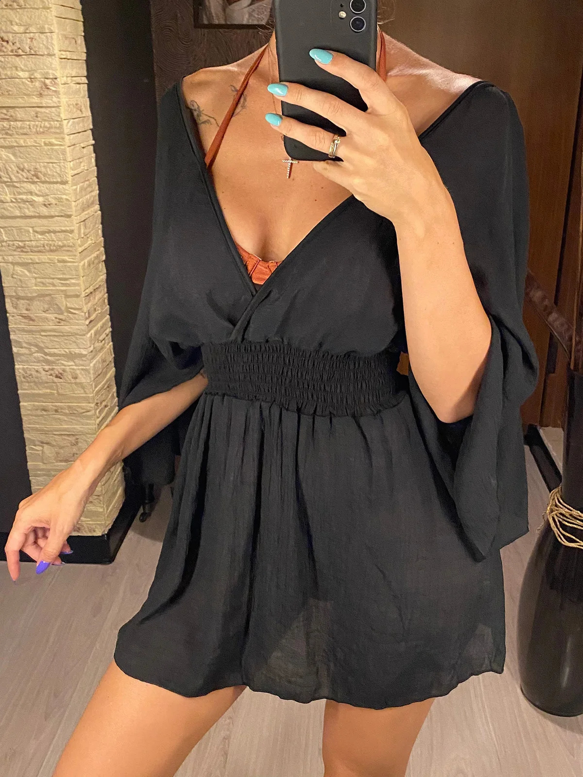 Sexy V Neck Long Sleeve Backless Chiffon Tunic Beach Cover Up Beach Cover-ups Beach Dress Beach Wear Beachwear V3840 250409