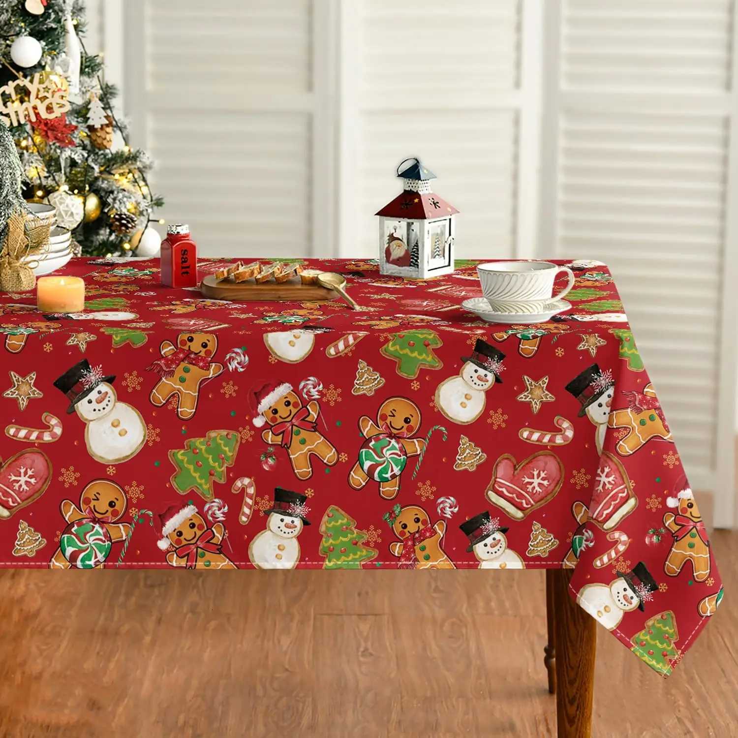 Christmas Merry Christmas Gingerbread Man Polyester Tablecloth for Table Decor Winter Xmas Kitchen Dining Table Cloth Christmas Decoration Y251113