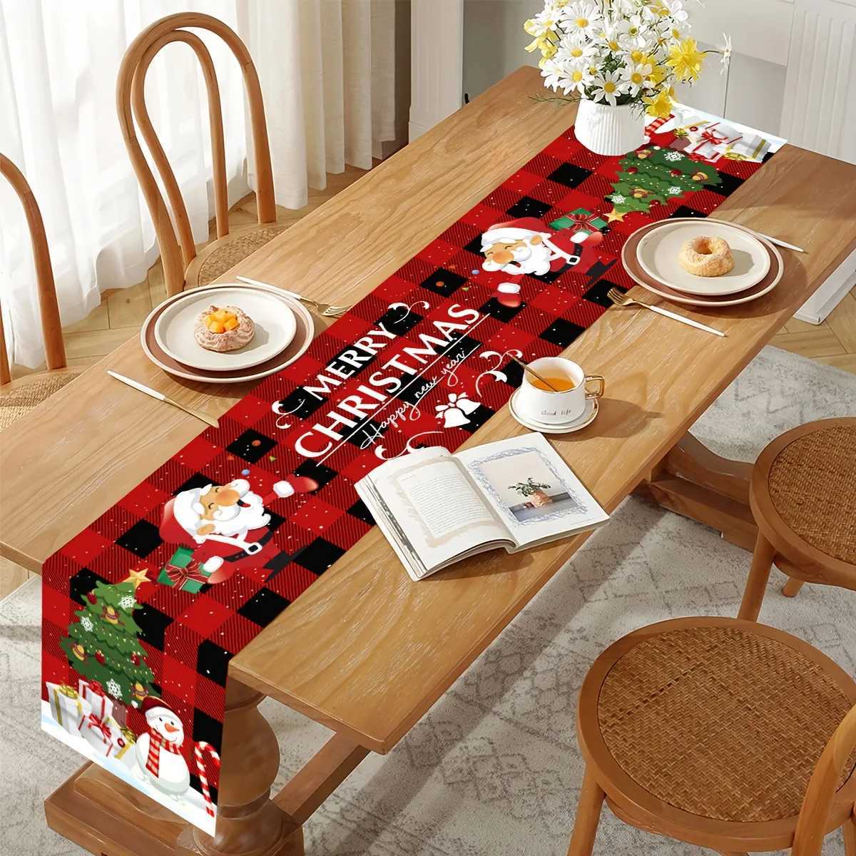 Christmas 1 Piece Christmas Table Runner Red and Black Checkered Pattern with Santa Claus Merry Christmas Text Festive Table Decoration Y251113