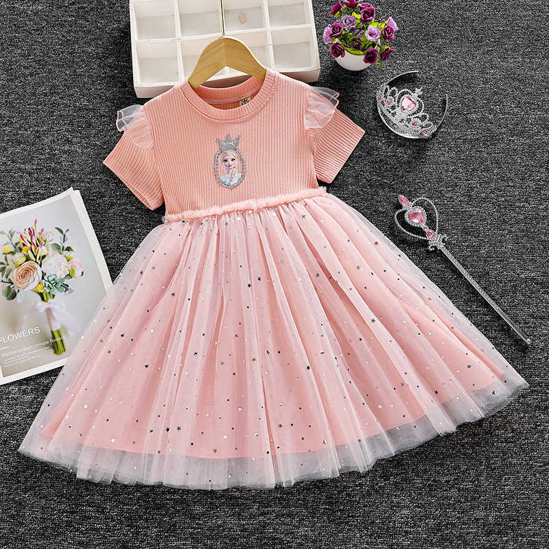 Girl's Dresses 2025 Summer Collection Splicing Mesh Skirt Girl Cute Cartoon Dress Short Sleeve Princess Skirt Y250307Y1Q6