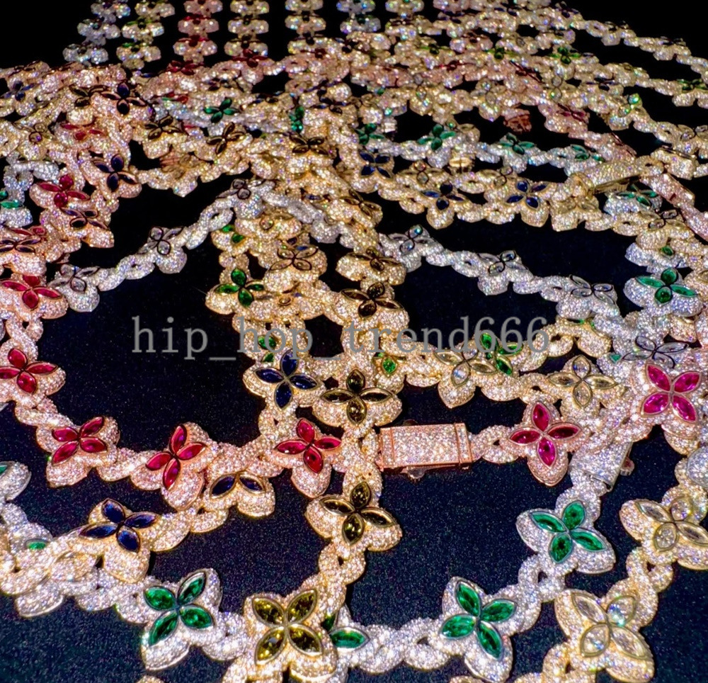 Hot Selling 15MM 925 Sterling Silver Cuban Clover Bracelets Iced Out Hip Hop Infinity Colored Moissanite Cuban Bracelet